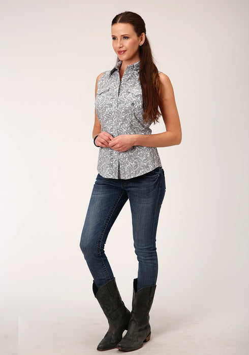 Roper Womens White/Grey 100% Cotton Line Paisley S/L Shirt