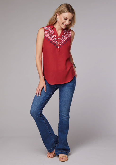 Roper Womens Bandana Challis Red 100% Rayon S/L Blouse