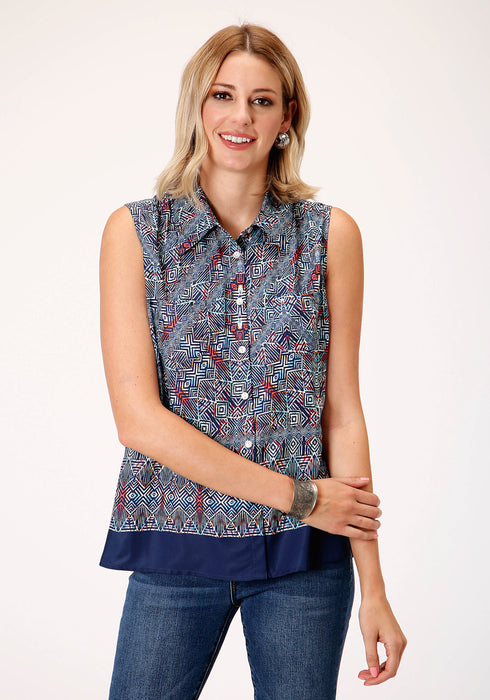 Roper Womens Blue Polyester Tribal Border S/L Blouse