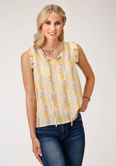 Roper Womens Yellow Rayon/Nylon Wallpaper Print S/L Shirt