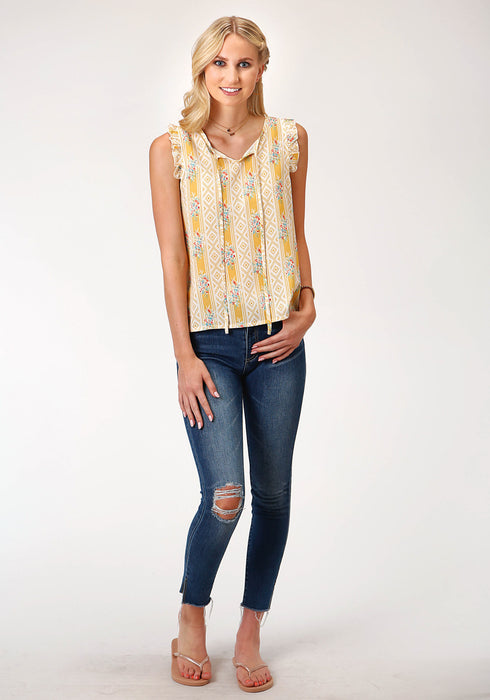 Roper Womens Yellow Rayon/Nylon Wallpaper Print S/L Shirt