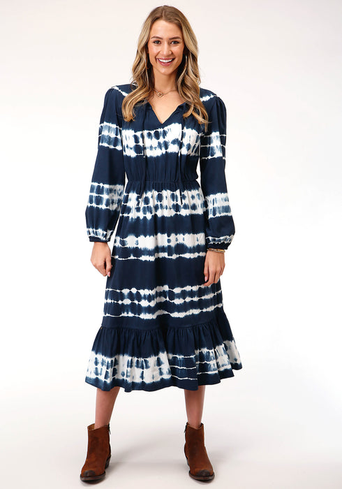 Roper Womens Indigo/White 100% Cotton Tie Dye L/S Dress