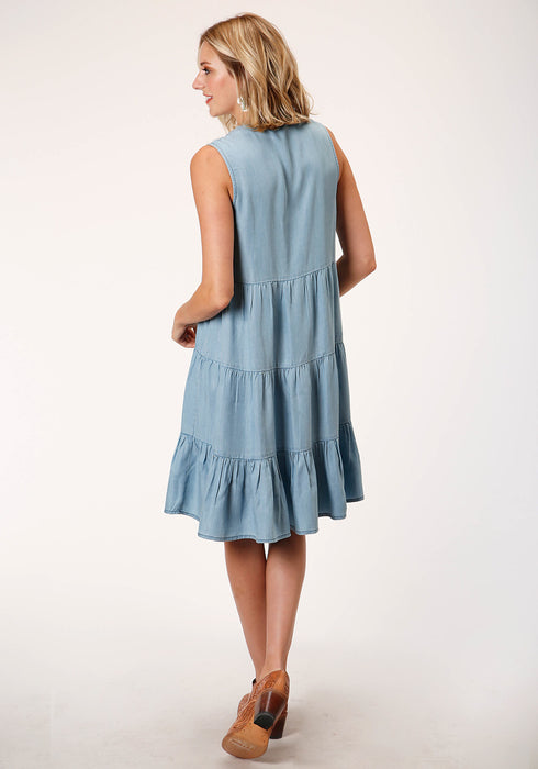 Roper Womens Blue 100% Cotton Three-Tiered S/L Dress