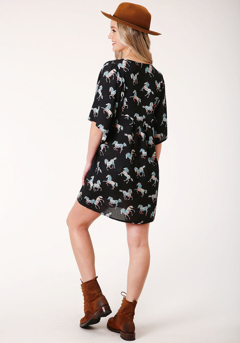 Roper Womens Black Rayon/Nylon Wild Horses S/S Dress