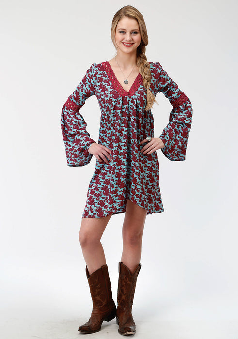 Roper Womens Red Rayon/Nylon Stampede Print L/S Dress