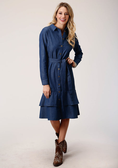 Roper Womens Blue Denim 100% Cotton Maxi Shirt L/S Dress