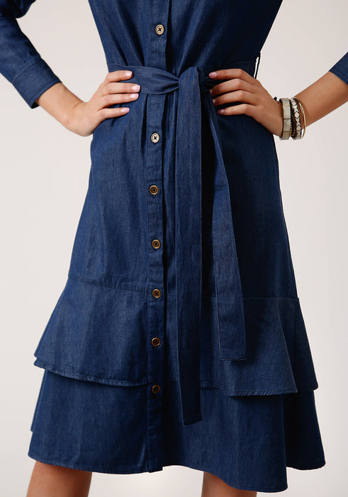 Roper Womens Blue Denim 100% Cotton Maxi Shirt L/S Dress