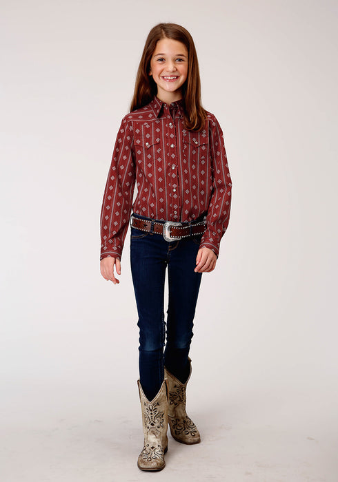 Roper Girls Red 100% Cotton Constellation Wallpaper L/S Shirt