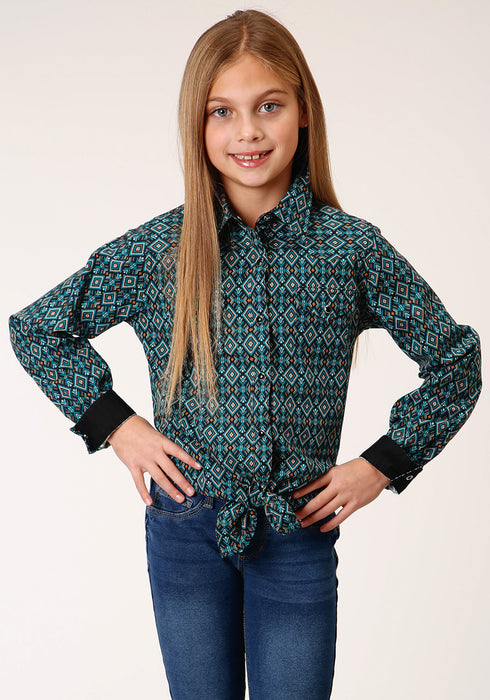 Roper Girls Kids Black 100% Cotton Diamond Aztec L/S Shirt