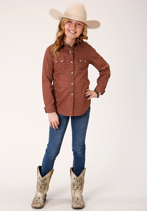 Roper Girls Kids Brown 100% Cotton Arrow Geo L/S Shirt