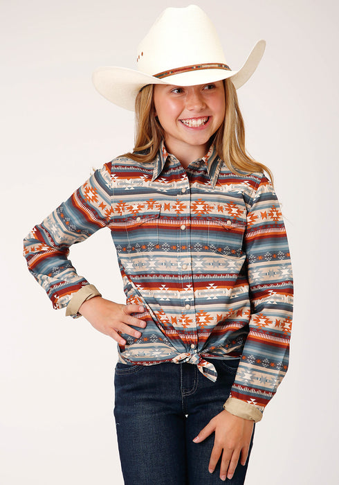 Roper Kids Girls Sandstone Aztec Grey 100% Cotton L/S Shirt