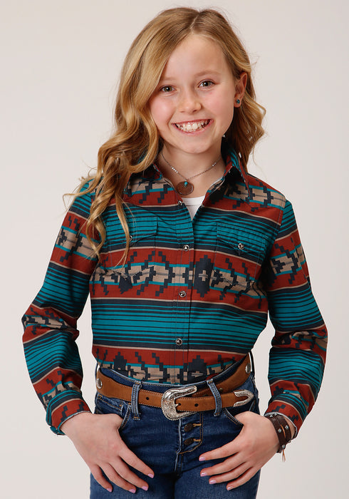 Roper Girls Kids Rust Multi 100% Cotton Ombre Aztec L/S Shirt