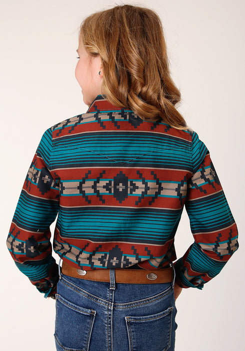 Roper Girls Kids Rust Multi 100% Cotton Ombre Aztec L/S Shirt