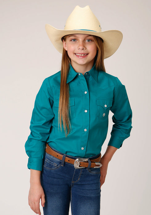 Roper Girls Kids Turquoise Cotton Blend Solid Poplin L/S Shirt