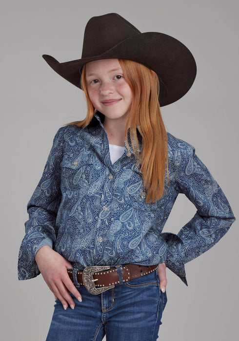 Roper Kids Girls River Paisley Blue 100% Cotton Btn L/S Shirt