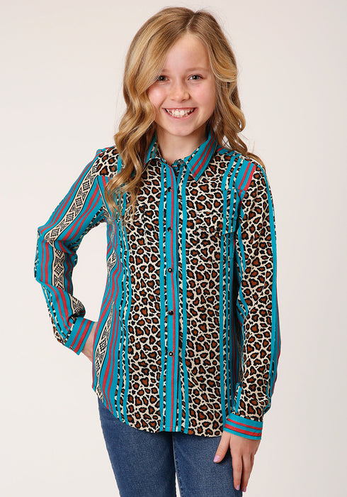 Roper Girls Kids Multi-Color Rayon/Nylon Leopard Stripe L/S Blouse