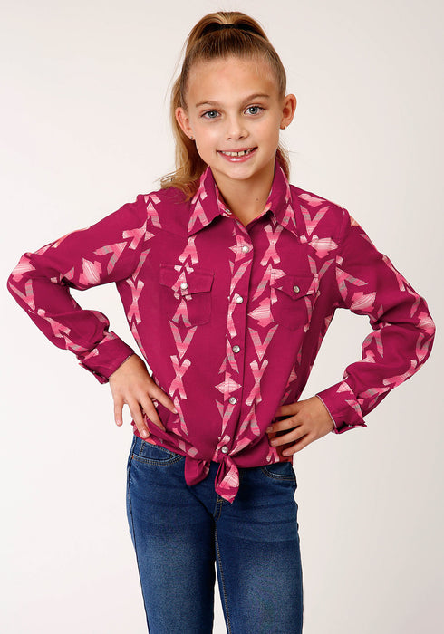 Roper Girls Kids Wine Rayon/Nylon Aztec Print L/S Blouse Shirt