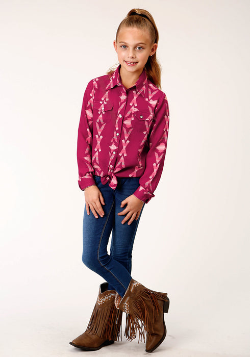 Roper Girls Kids Wine Rayon/Nylon Aztec Print L/S Blouse Shirt