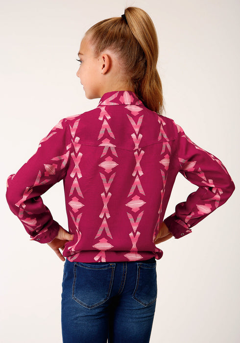 Roper Girls Kids Wine Rayon/Nylon Aztec Print L/S Blouse Shirt