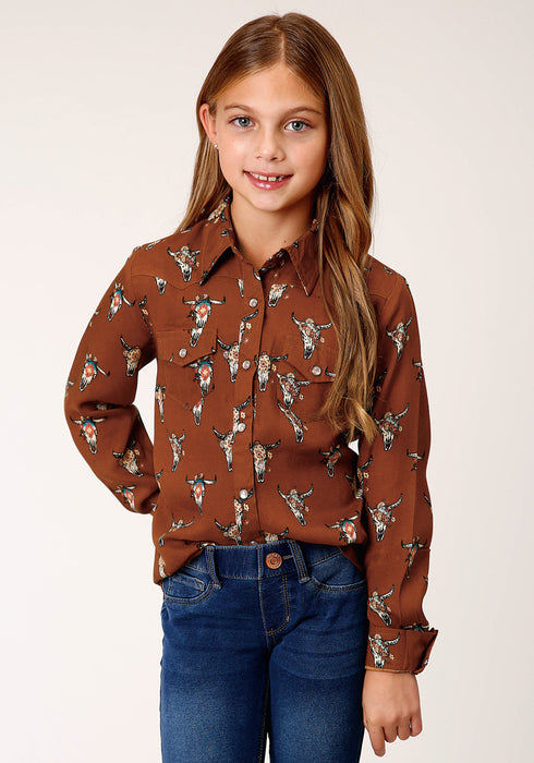 Roper Girls Kids Brown Rayon/Nylon Cowskulls L/S Blouse