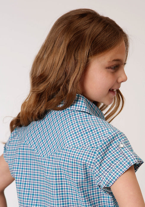 Roper Girls Kids Blue Cotton Blend Stretch Check S/S Shirt