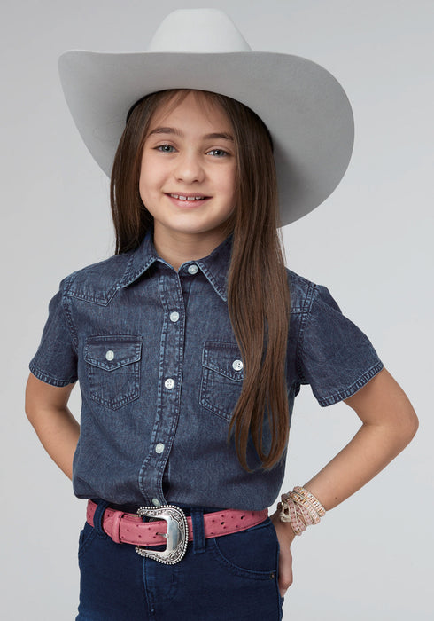 Roper Kids Girls 2087 Denim Western Dark Blue 100% Cotton S/S Shirt