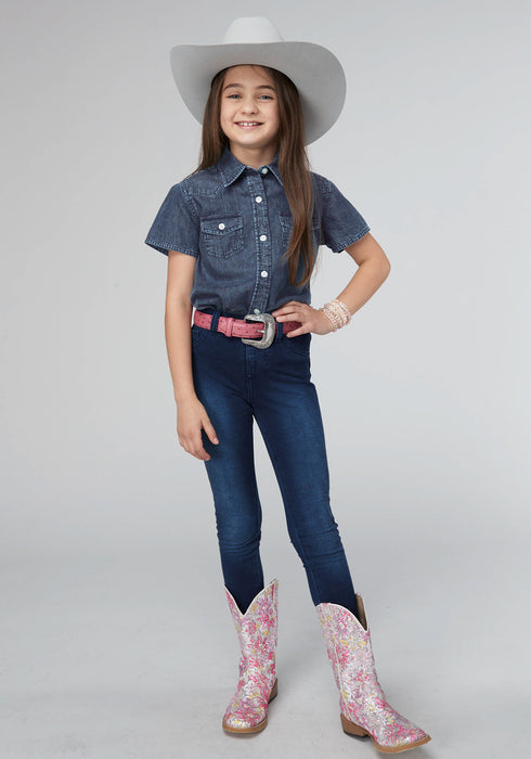 Roper Kids Girls 2087 Denim Western Dark Blue 100% Cotton S/S Shirt