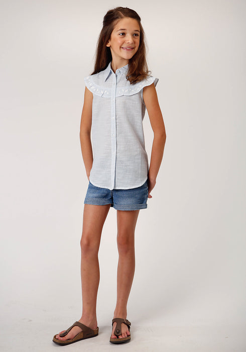 Roper Girls Light Blue 100% Cotton Ruffle Yoke S/L Shirt