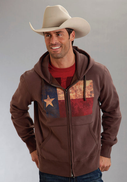 Roper Americana Mens Brown L/S Cotton Blend Texas Flag Hoodie Sweatshirt