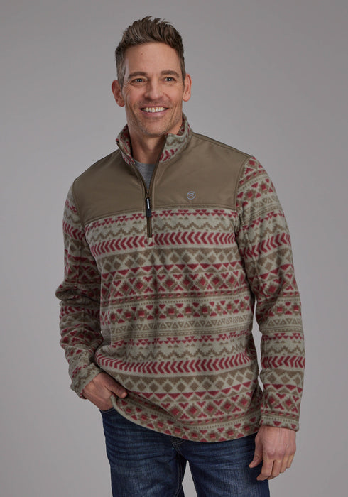 Roper Mens 2321 Aztec Print Red/Olive Fleece Pullover Sweater