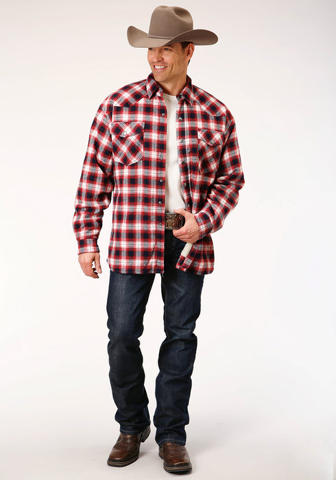 Roper Mens Red 100% Cotton Sherpa Flannel Plaid L/S Shirt