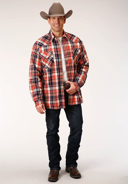 Roper Mens Orange 100% Cotton Sherpa Flannel Plaid L/S Tall Shirt