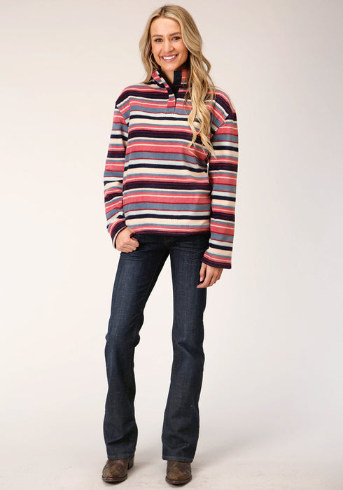 Roper Womens Navy Multi Polyester Horizontal Stripe Fleece Jacket