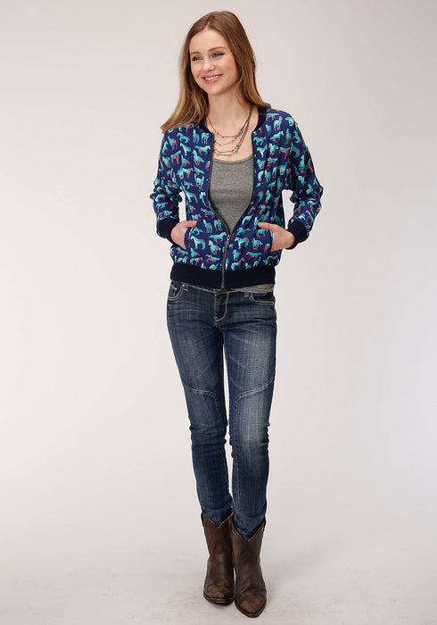 Roper Womens Blue Rayon/Nylon Wild Horse Bomber Jacket