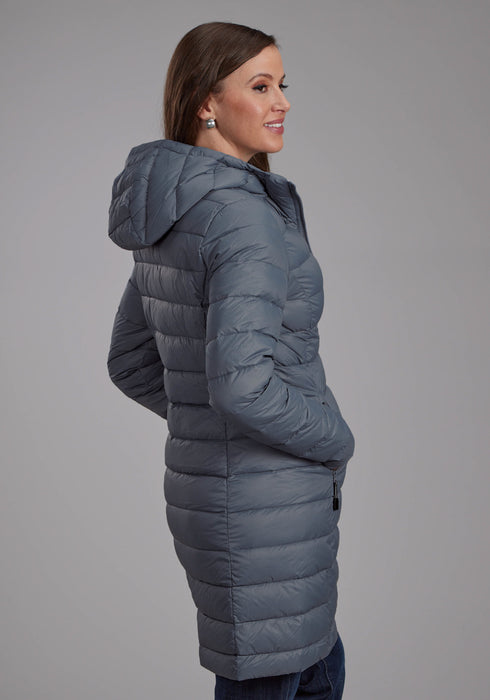 Roper Womens Long Down Filled Silver Blue 100% Nylon Insulated Jacket