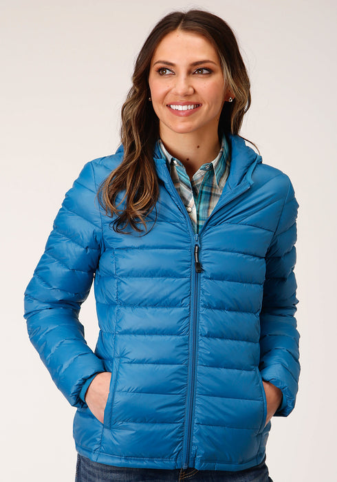 Roper Womens Teal Blue Nylon Crushable Hooded Down Coat