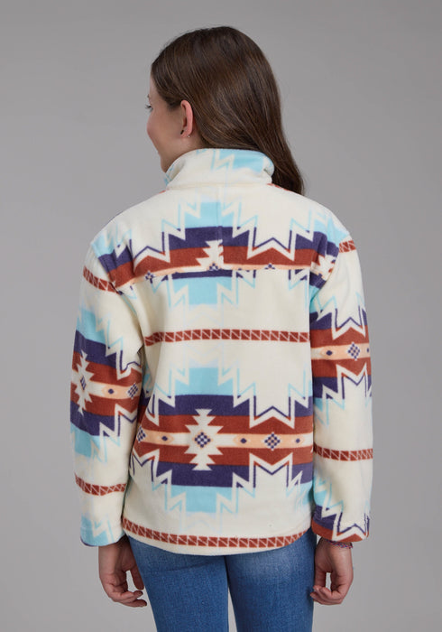 Roper Kids Girls Large Aztec Print Cream/Blue 100% Polyester Fleece Jacket