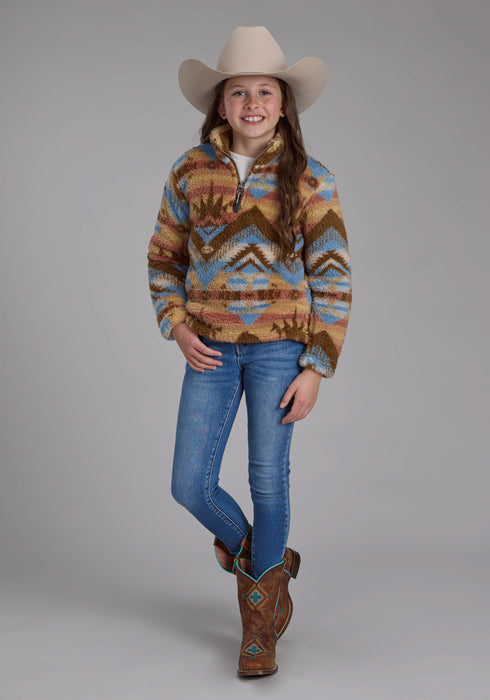 Roper Kids Girls Fuzzy Aztec Brown/Blue 100% Polyester Fleece Jacket