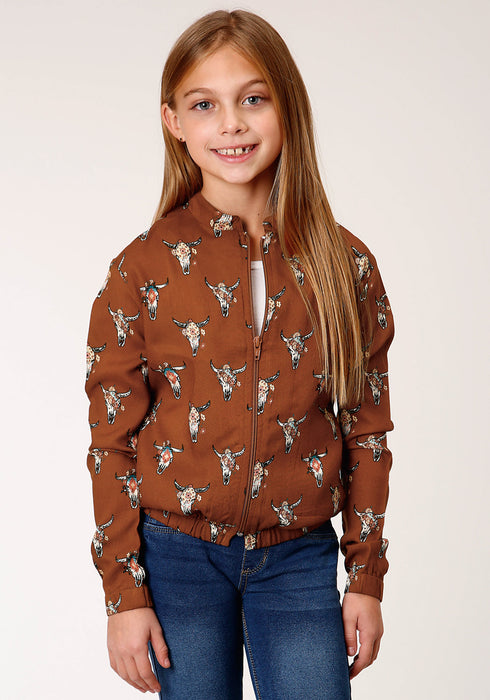 Roper Girls Kids Brown Rayon/Nylon Cowskulls Bomber Jacket