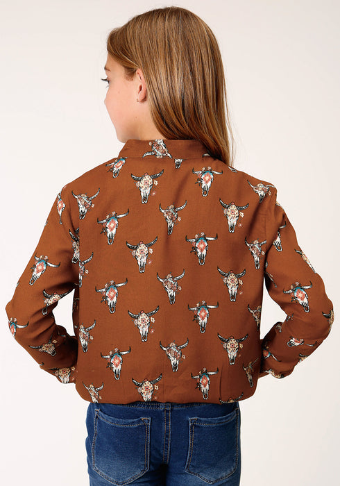 Roper Girls Kids Brown Rayon/Nylon Cowskulls Bomber Jacket