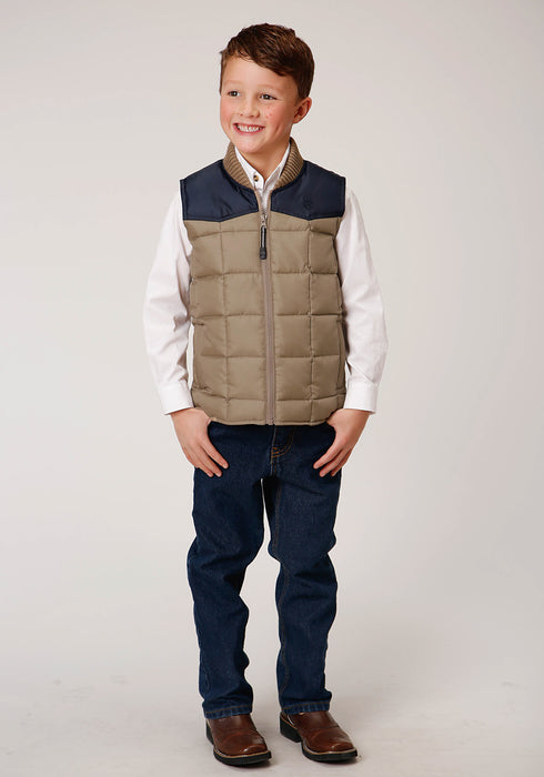 Roper Boys Khaki/Blue Polyester Insulated Western Vest