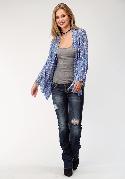 Roper Womens Blue Rayon/Nylon Tile Print Cardigan