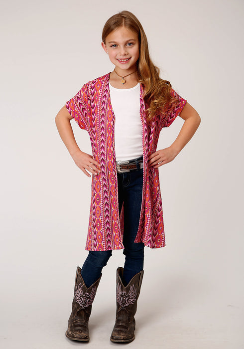 Roper Girls Multi Pink Rayon/Nylon Aztec Print Cardigan