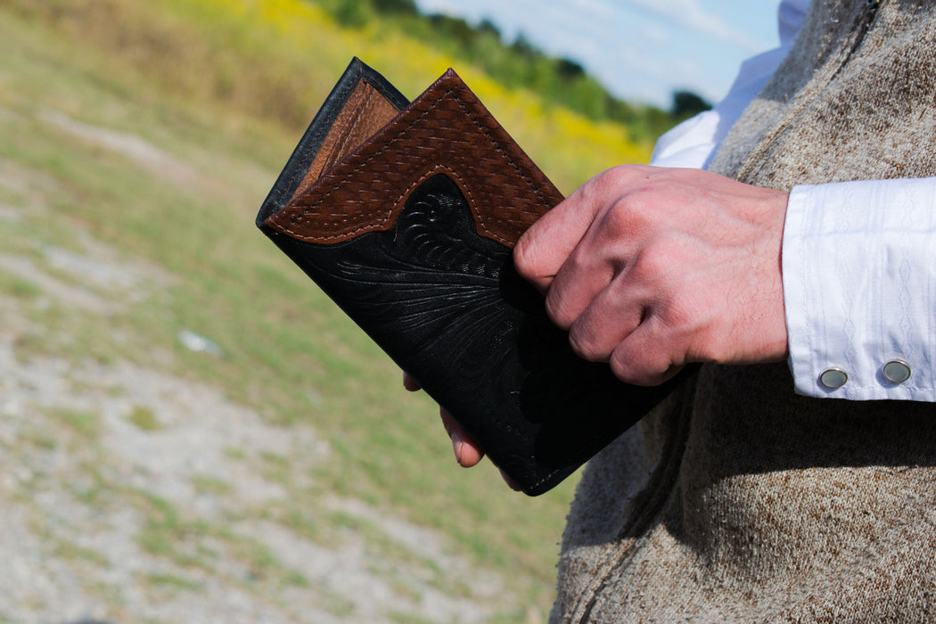 American West Mens Full-Grain Tooled Black Leather Rodeo Wallet