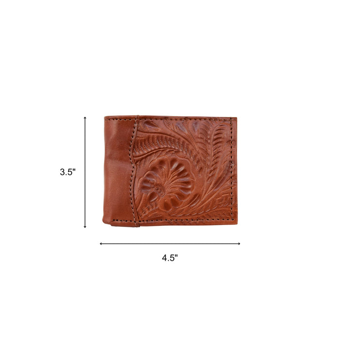 American West Mens Tooled Full-Grain 4.5x3.5 Medium Brown Leather Rodeo Wallet