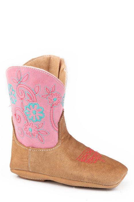 Roper Infant Girls Cowbabies Daisy Mae Waxy Tan/Pink Leather Cowboy Boots