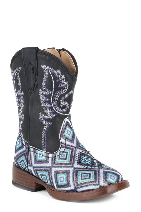 Roper Glitter Diamonds Toddlers Girls Black Faux Leather Cowboy Boots