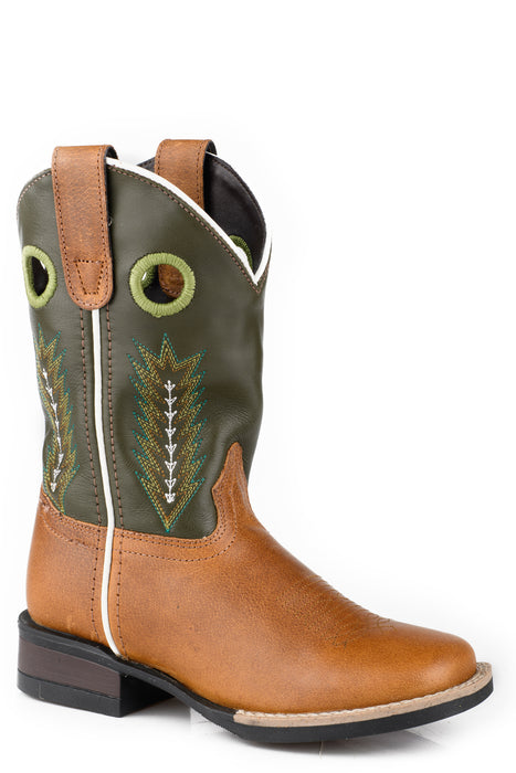 Roper Kids Boys James Tan/Green Leather Cowboy Boots