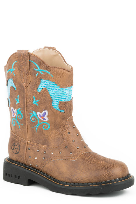 Roper Horse Flowers Kids Tan Faux Leather Girls Western Boots