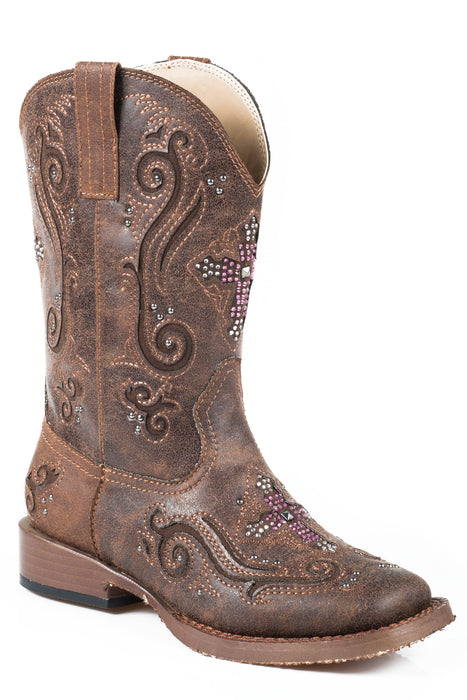 Roper Boots Kids Brown Faux Leather Crystal Cross Girls Faith Cowboy